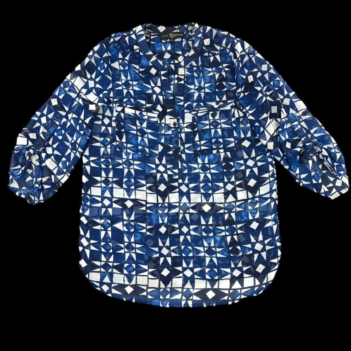 Fred David Geometric Blue and White Blouse Bohemian Casual Preppy