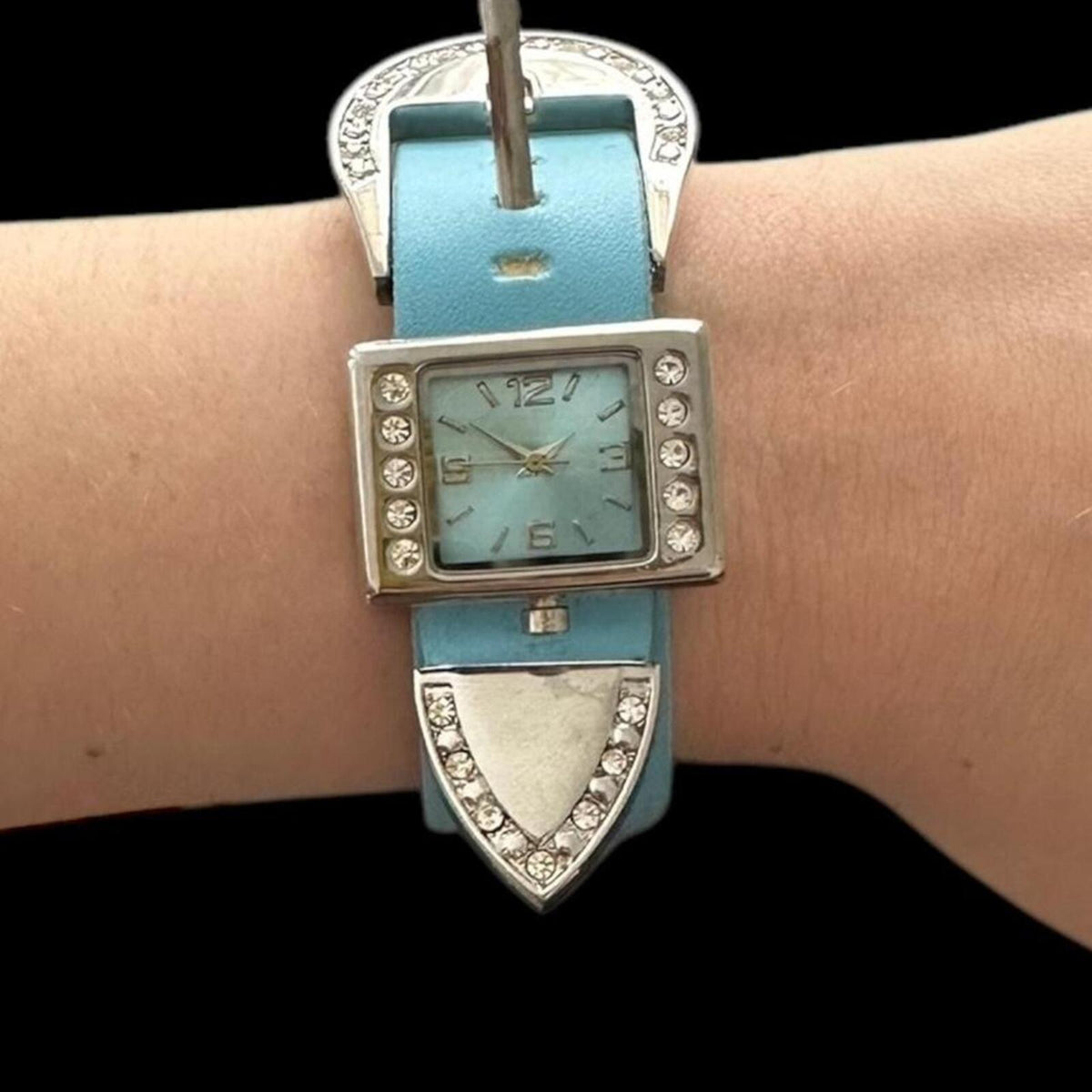 Vintage Blue Faux Leather Rhinestone Accent Watch