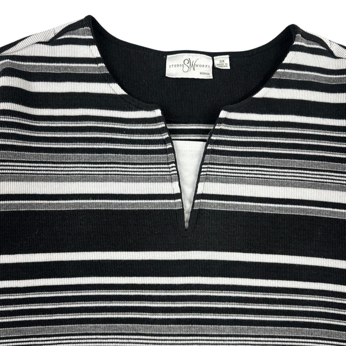Studio Works Black and White Striped Split Neck Knit Top