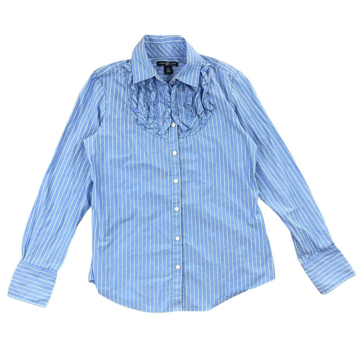 Gap Vintage Blue and White Striped Ruffle Blouse Cotton Office Siren Preppy