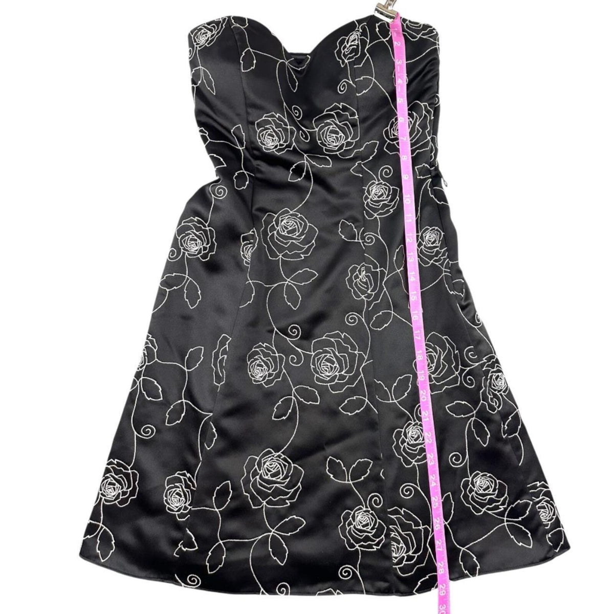 White House Black Market Strapless Black Sateen Dress with White Floral Embroide