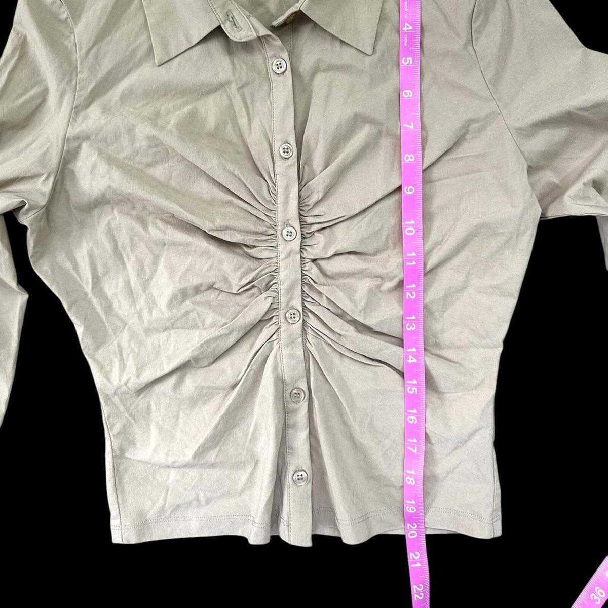 Love Tree Tan Cream Ruched Long Sleeve Button Up Top Indie Preppy Bohemian