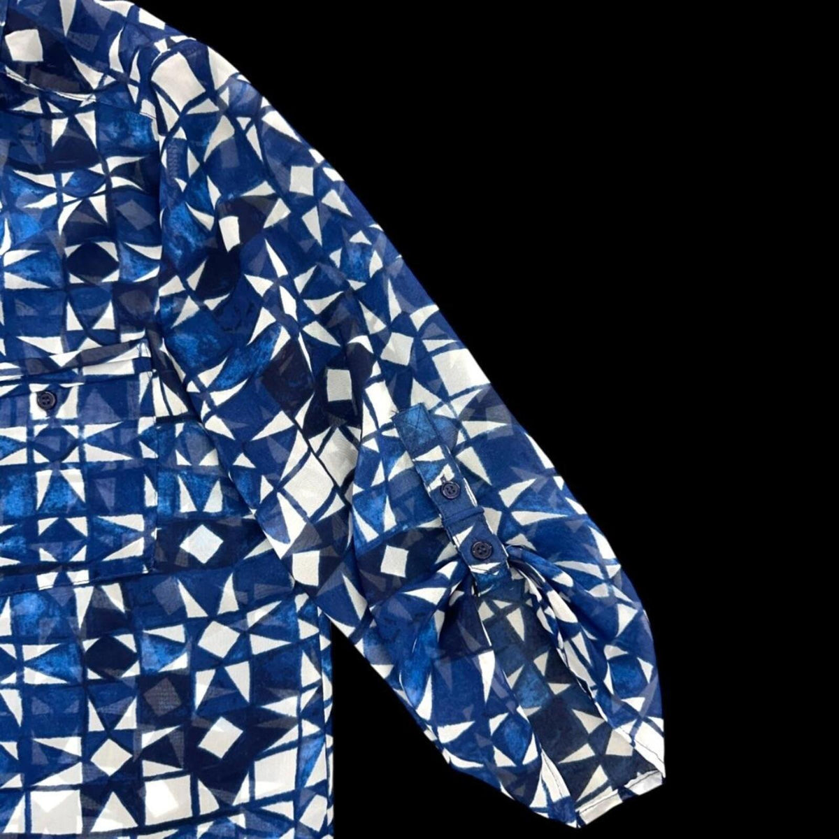 Fred David Geometric Blue and White Blouse Bohemian Casual Preppy