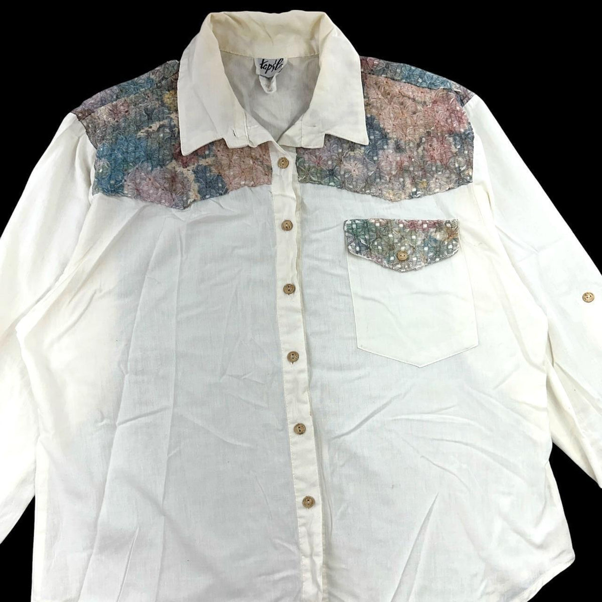 Vintage Tap & Co. Western Button Down Shirt Cream Cotton with Aztec Patchwork