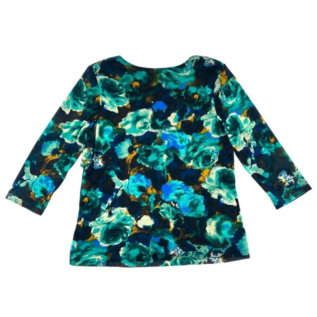 Dressbarn Y2K Floral Print V Neck Ruffle Blouse in Blue Teal Green