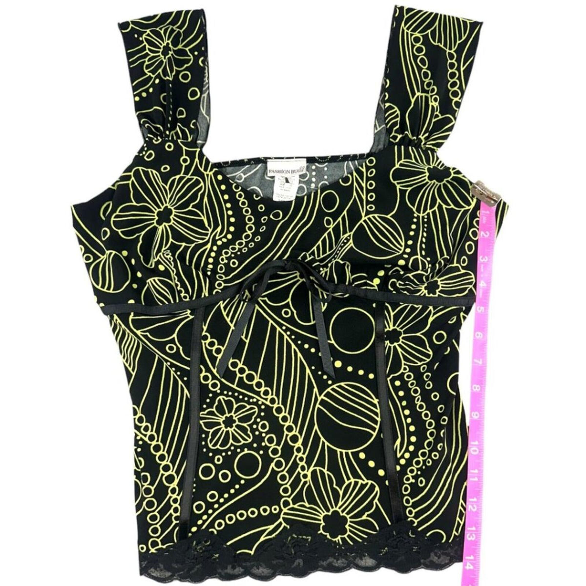 Fashion Bug Y2K Corset Style Tank Top Black Neon Green Floral Whimsigoth Fairy