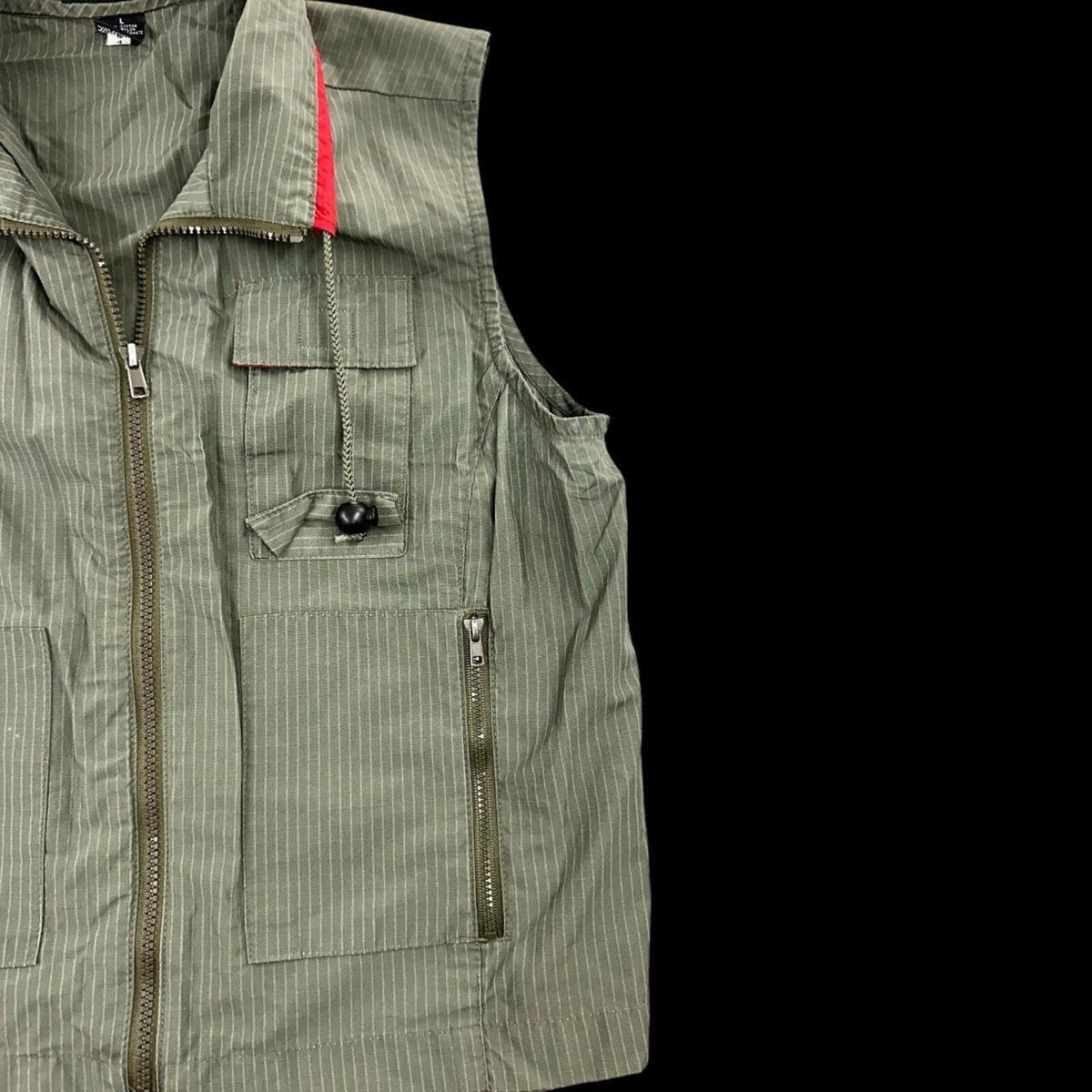 Xhilaration Utility Vest Olive Green Pinstripe Red Trim Y2K Gorpcore
