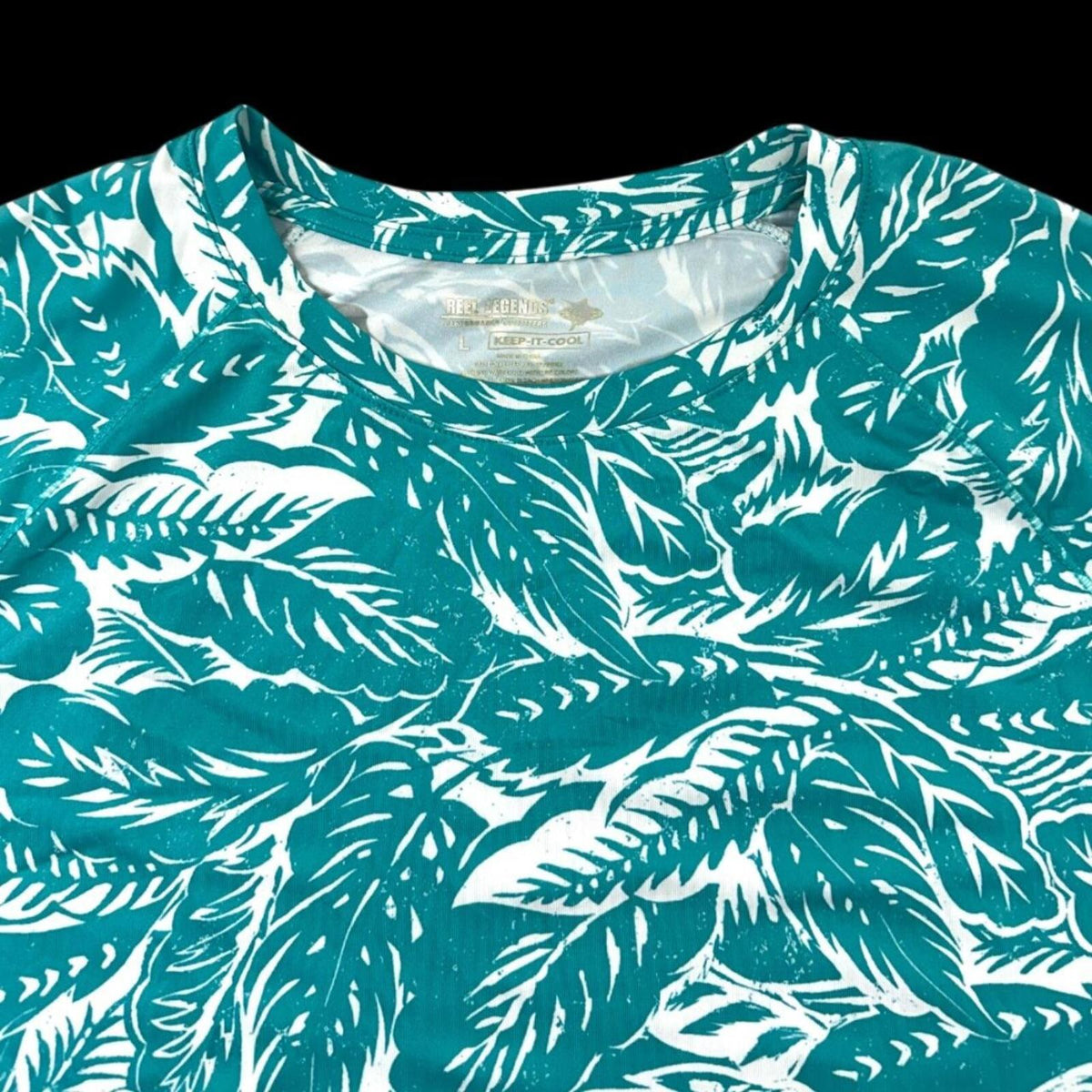 Reel Legends Long Sleeve Swim Shirt Blue Teal Leaf Pattern UPF Sun Shirt