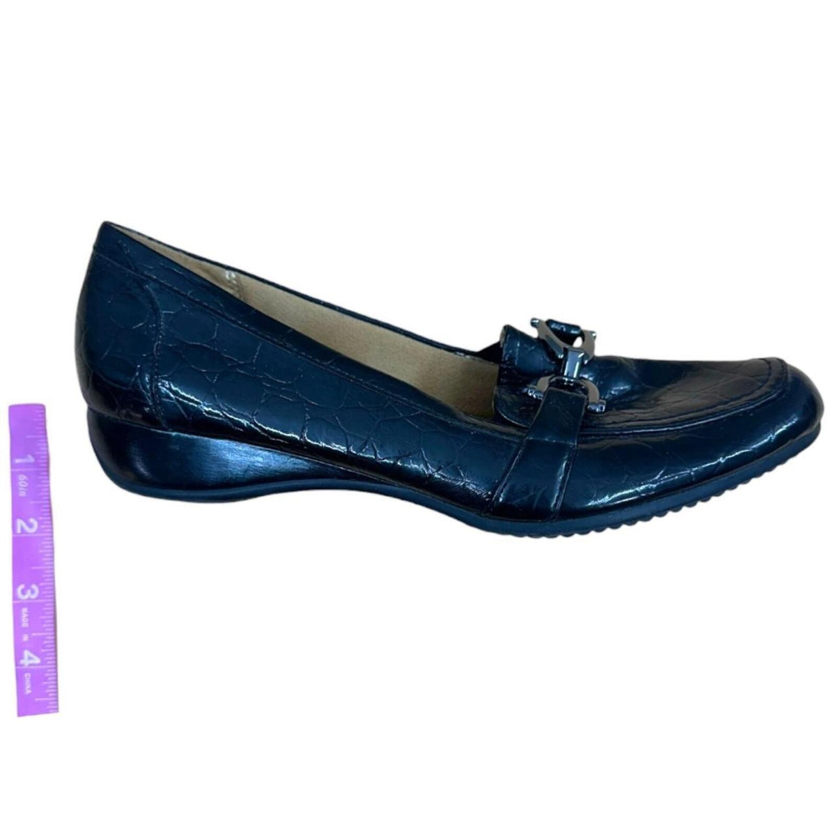 Naturalizer Black Faux Croc Patent Leather Loafers with Metallic