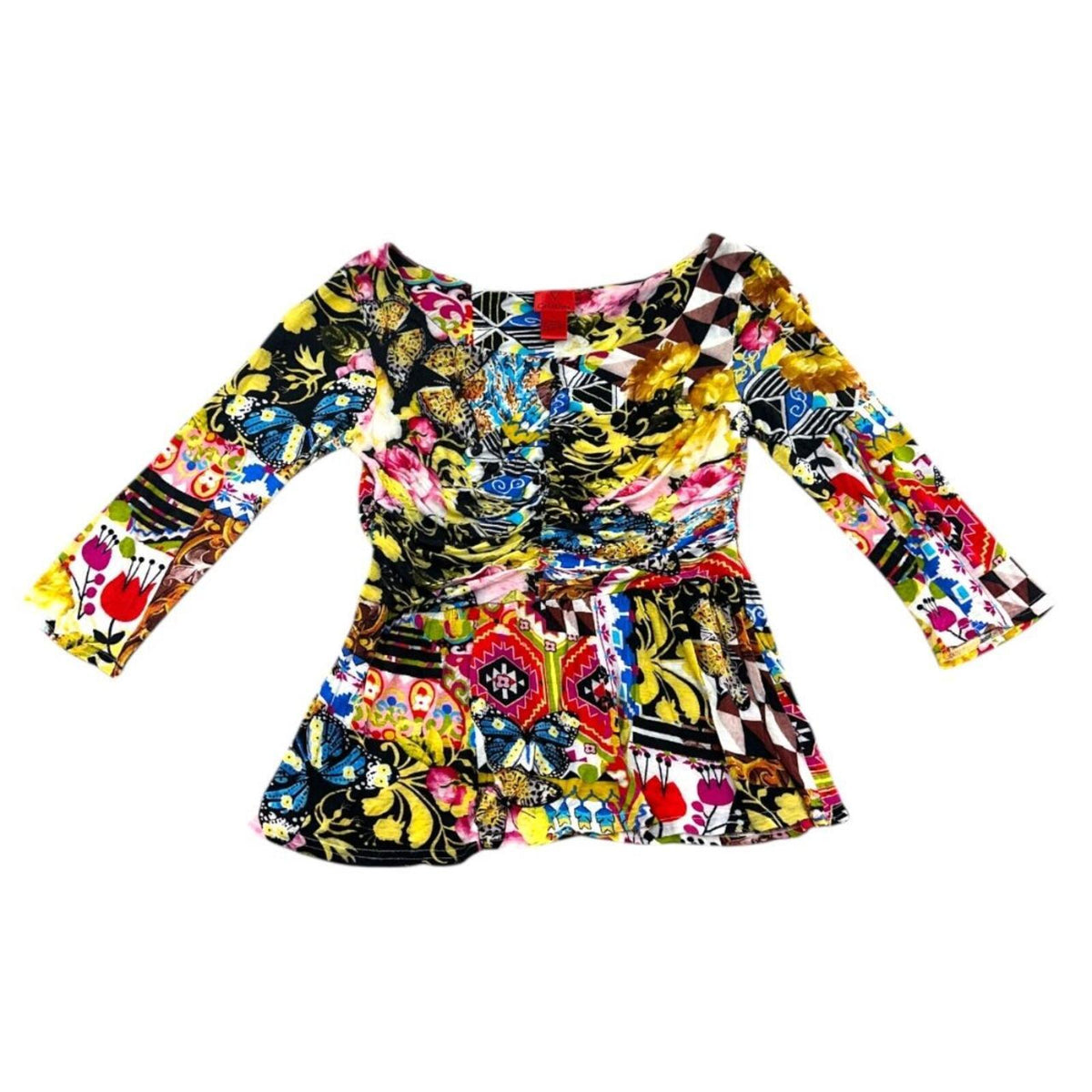 V Cristina Long Sleeve Blouse Multi Color Patchwork Floral Geometric Print
