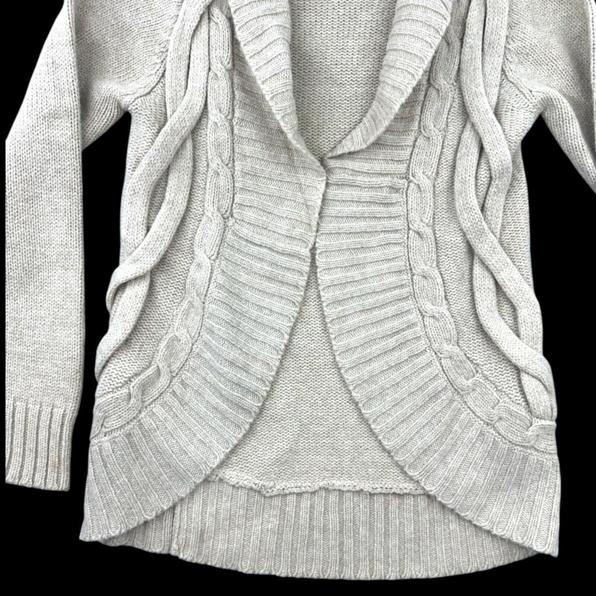 Object Cable Knit Cardigan Shawl Collar Open Front Tan Cream
