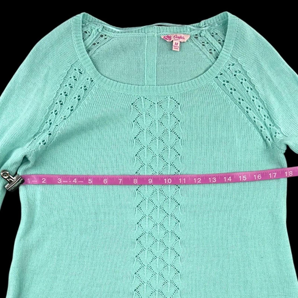 Candie's Vintage Mint Green Crewneck Sweater with Open Knit Crochet Pattern Y2K