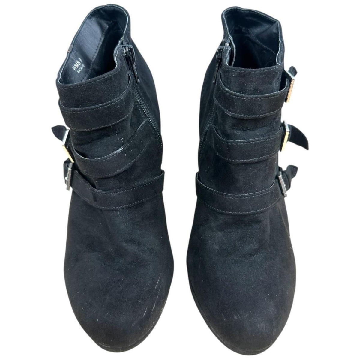 Report Rachael Black Faux Suede Ankle Booties with Silver Buckle Straps