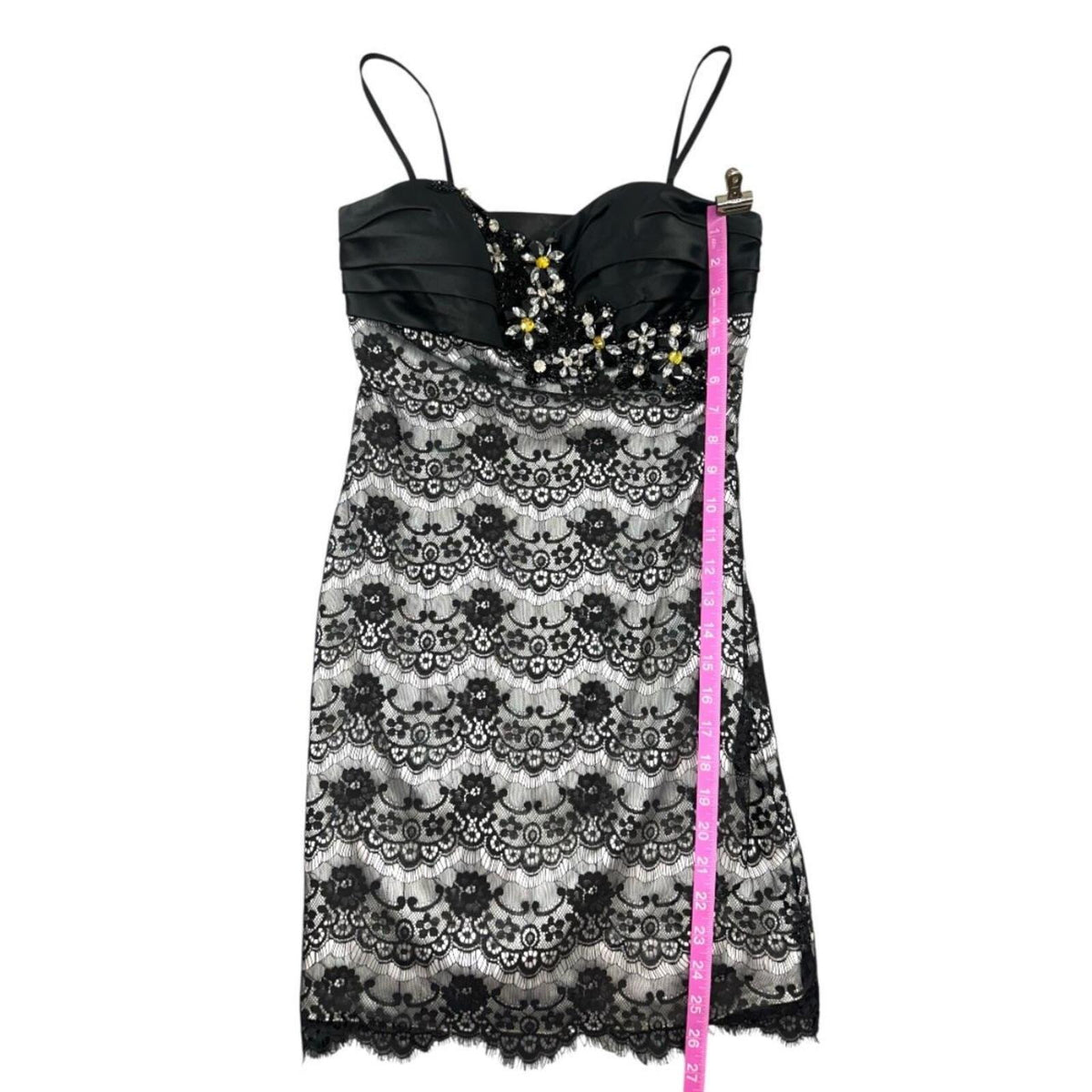 Dave & Johnny Black Pleated Satin Bustier Cocktail Dress with Beaded Floral Lace