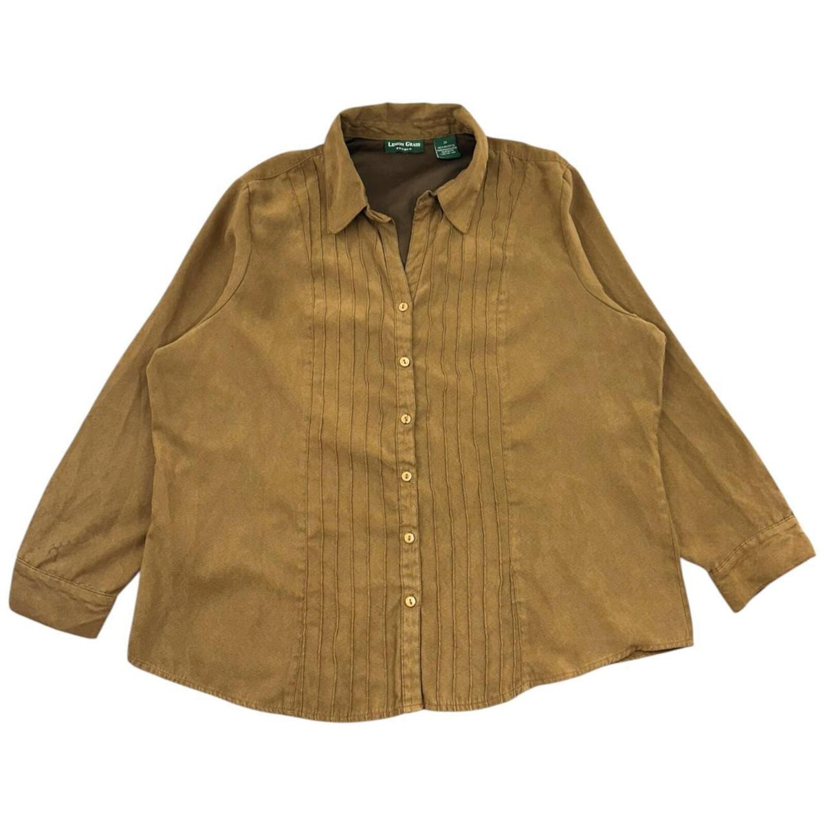 Lemon Grass Studio Faux Suede Button Up Shirt with Pintuck Detail Brown