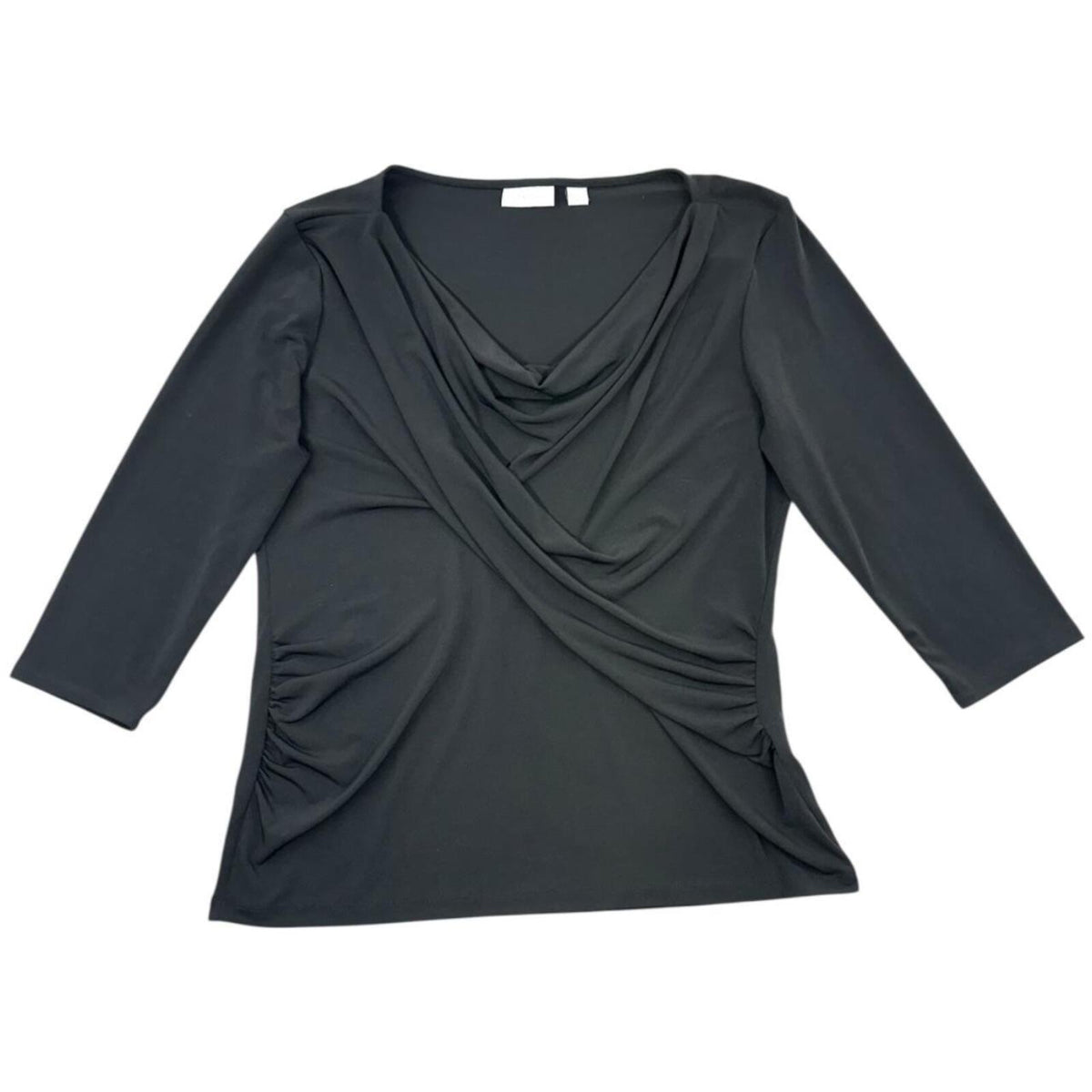 New York & Company Elegant Black Draped Cowl Neck Top 3/4 Sleeves Y2K
