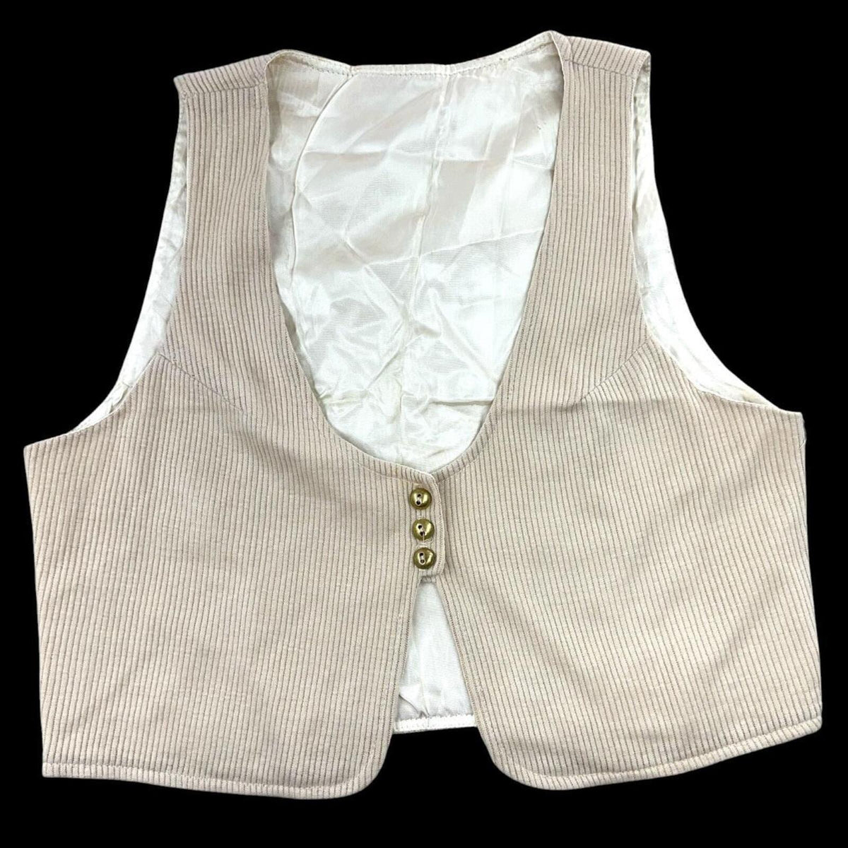 Beige Ribbed Waistcoat Vest with Three Button Closure and V Neck