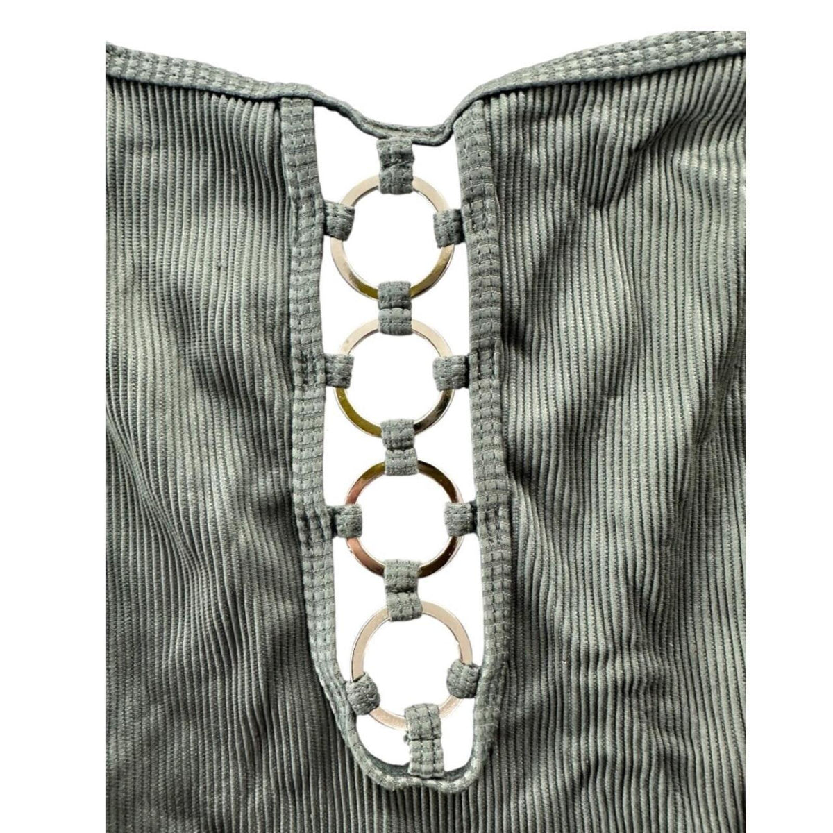 Hot Kiss Ribbed One Piece Swimsuit in Army Green with White Ring Link Detail