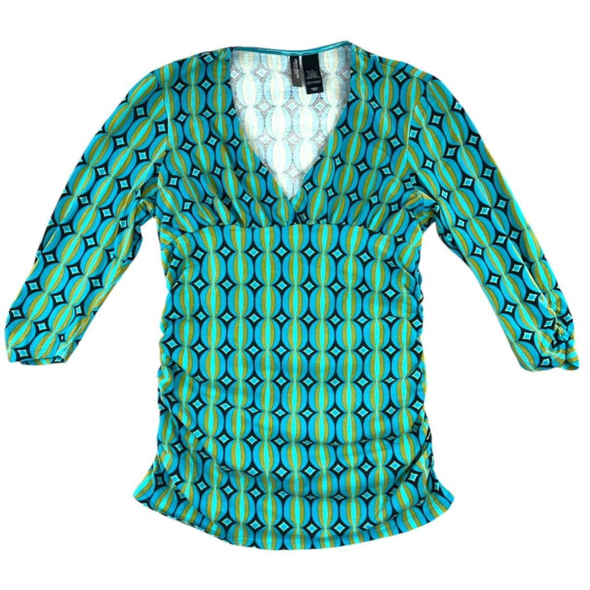 Bisous Y2K Retro Indie Blue Multi Geometric Print V Neck 3/4 Sleeve Blouse