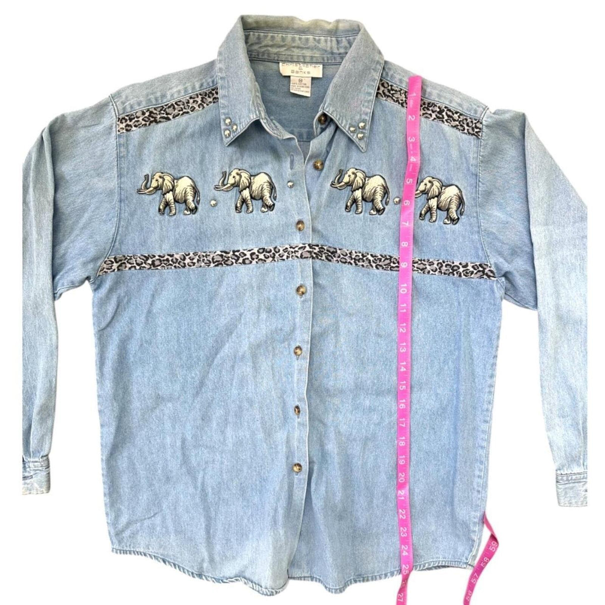 Christopher & Banks Vintage Denim Shirt with Embroidered Elephants Leopard Trim