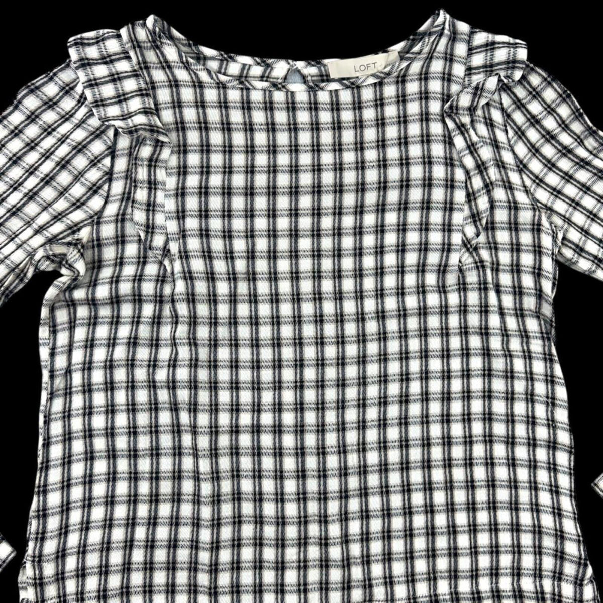 LOFT Plaid Ruffle Long Sleeve Blouse Cotton Black White Tan Preppy Cottage