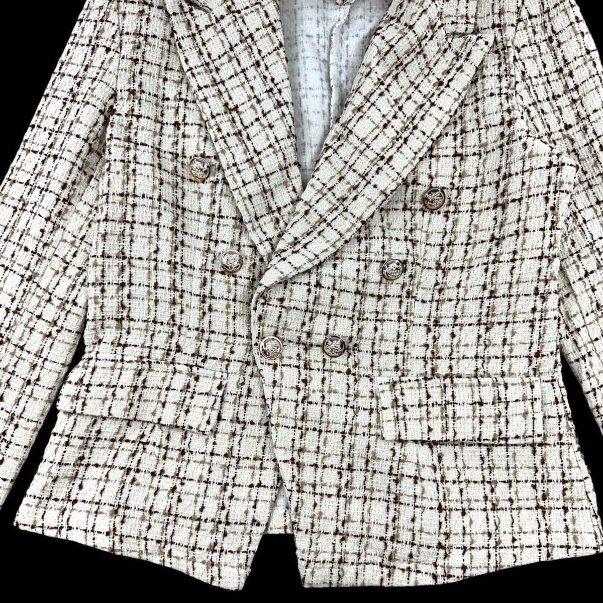 SHEIN Cream and Brown Tweed Double Breasted Blazer with Gold Buttons
