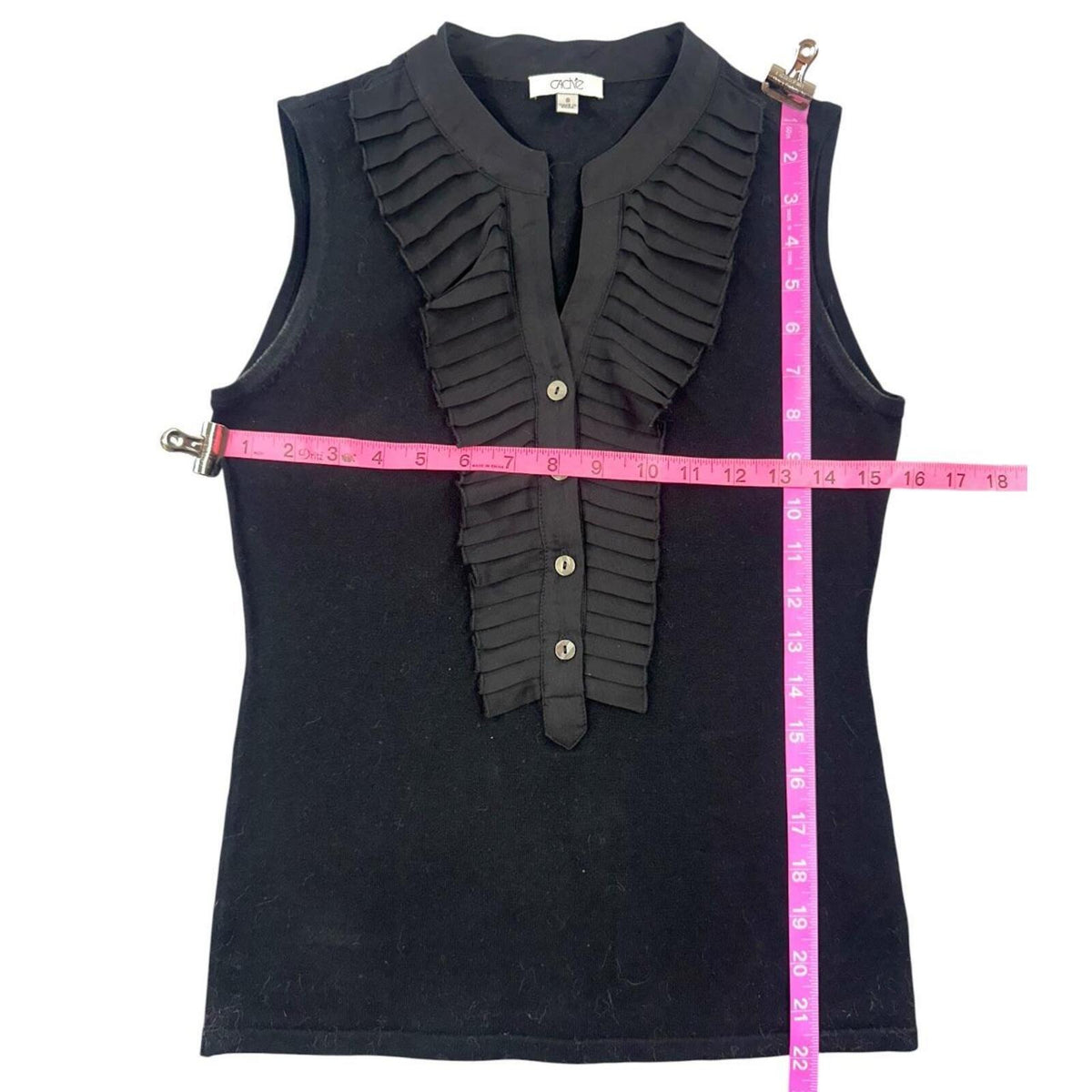 Cache Vintage Black Pleated Ruffle Sleeveless Blouse Y2K Minimalist
