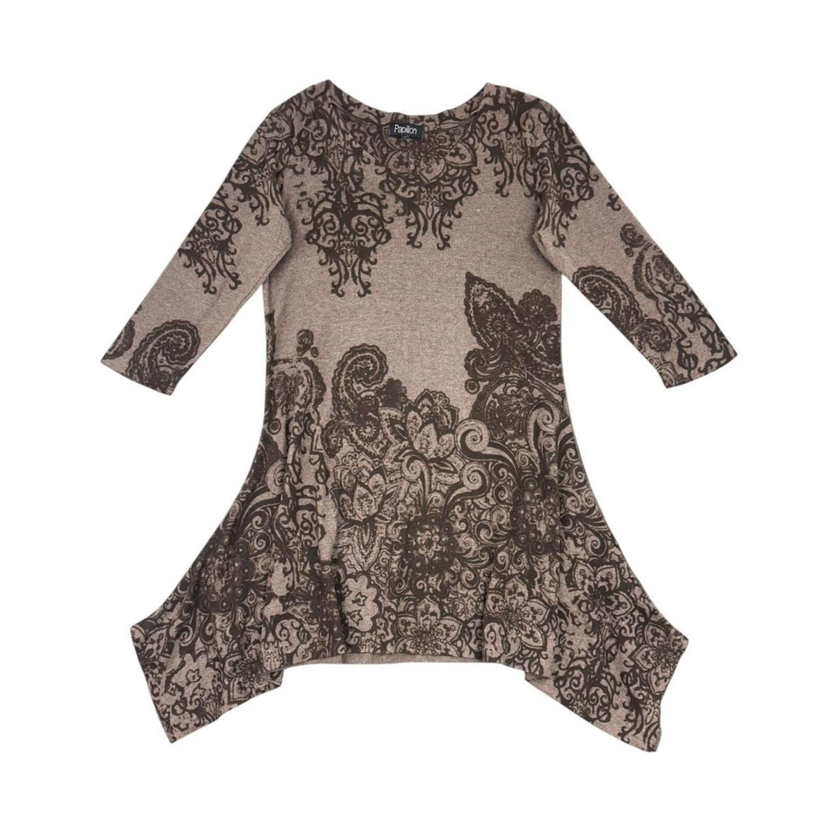 Papillon Brown Paisley Boho Tunic Dress with Asymmetrical Sharkbite Hem