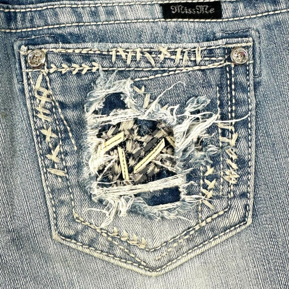 Miss Me Y2K Bootcut Jeans Rhinestone Embellished Pockets Distressed Detailing