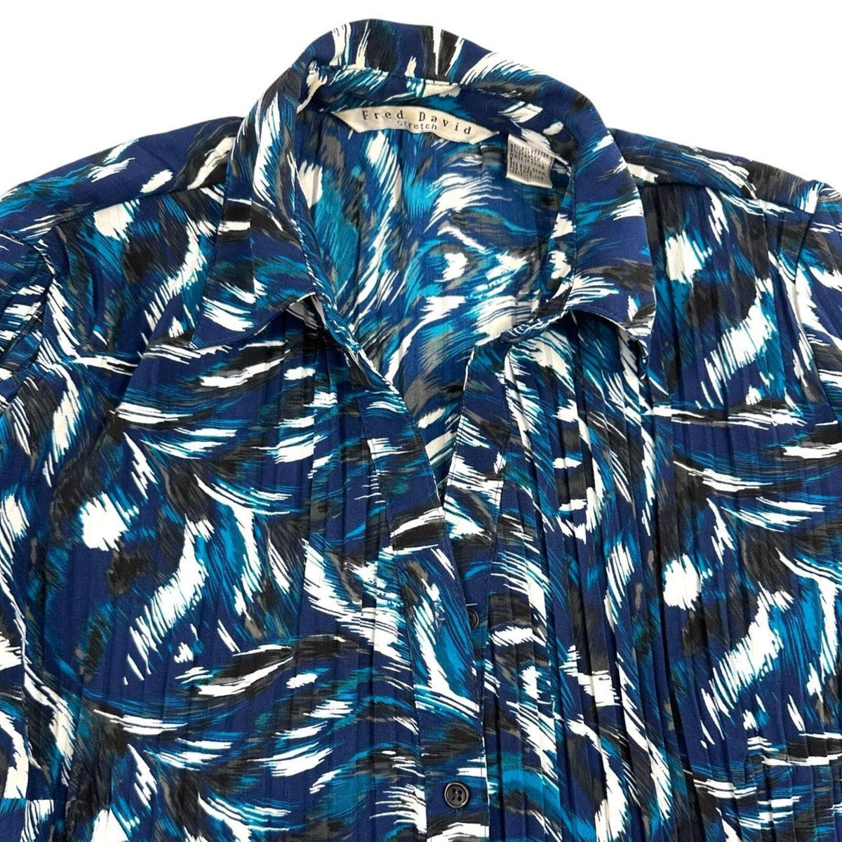 Fred David Y2K Office Siren Blouse in Blue Black Abstract Brushstroke Pattern