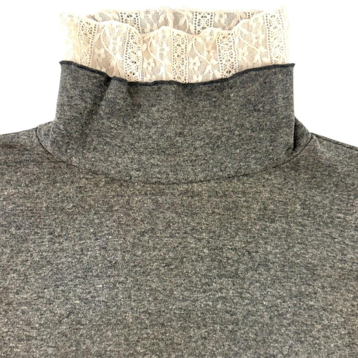 Heathered Charcoal Gray Long Sleeve Turtleneck Top with Off White Lace Trim