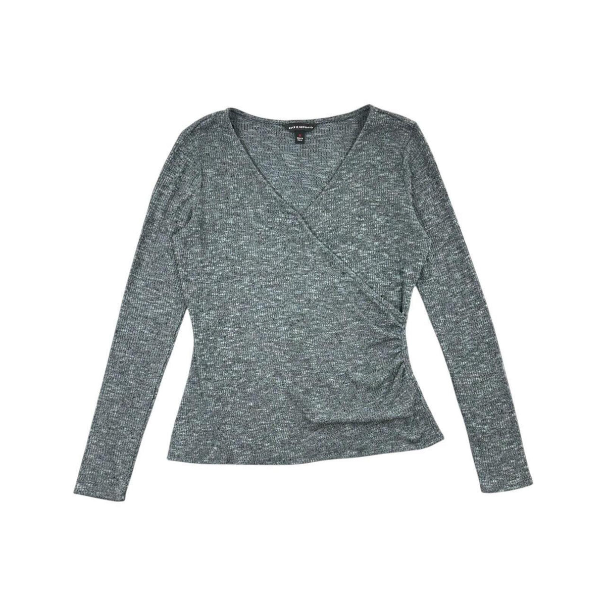 Rock & Republic Gray Marled Knit Faux Wrap Long Sleeve Top