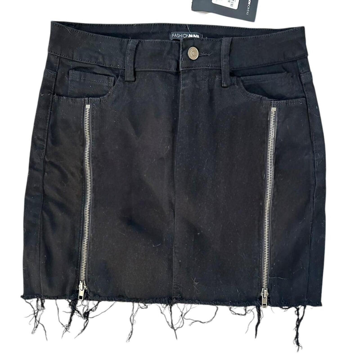 Fashion Nova Black Distressed Denim Skirt with Double Zippers Y2K