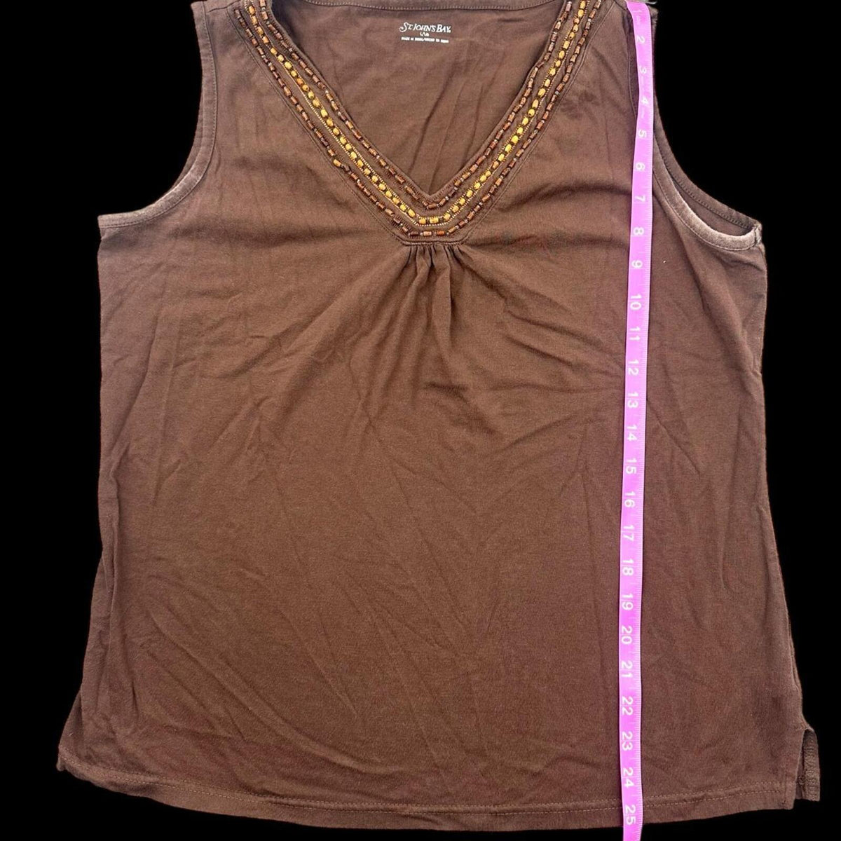 St. John's Bay Brown Beaded V Neck Tank Top Bohemian Indie