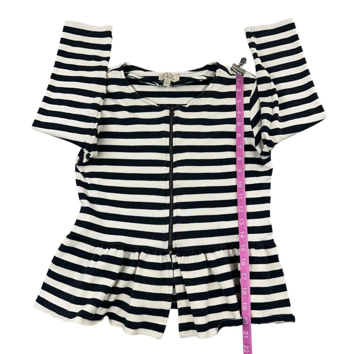 ZARA Trafaluc Navy White Striped Peplum Jacket with Front Zipper
