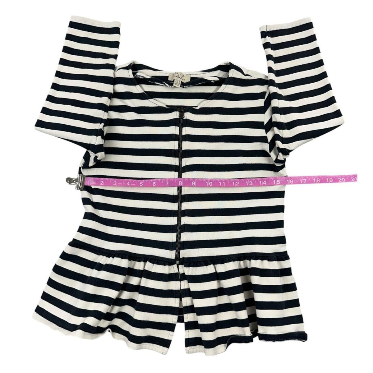 ZARA Trafaluc Navy White Striped Peplum Jacket with Front Zipper