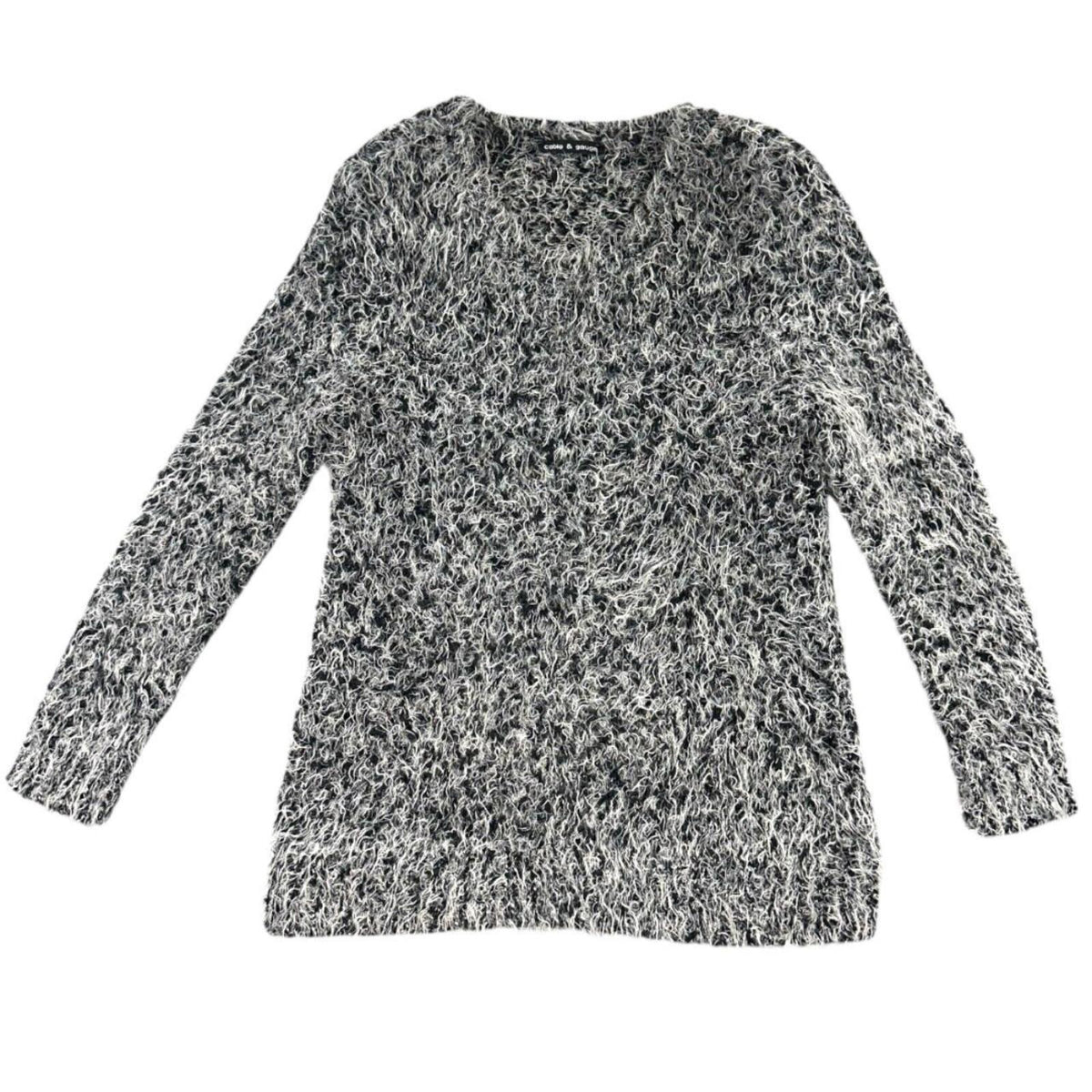 Cable & Gauge Fuzzy V Neck Sweater Black White Marled Knit Retro Whimsigoth