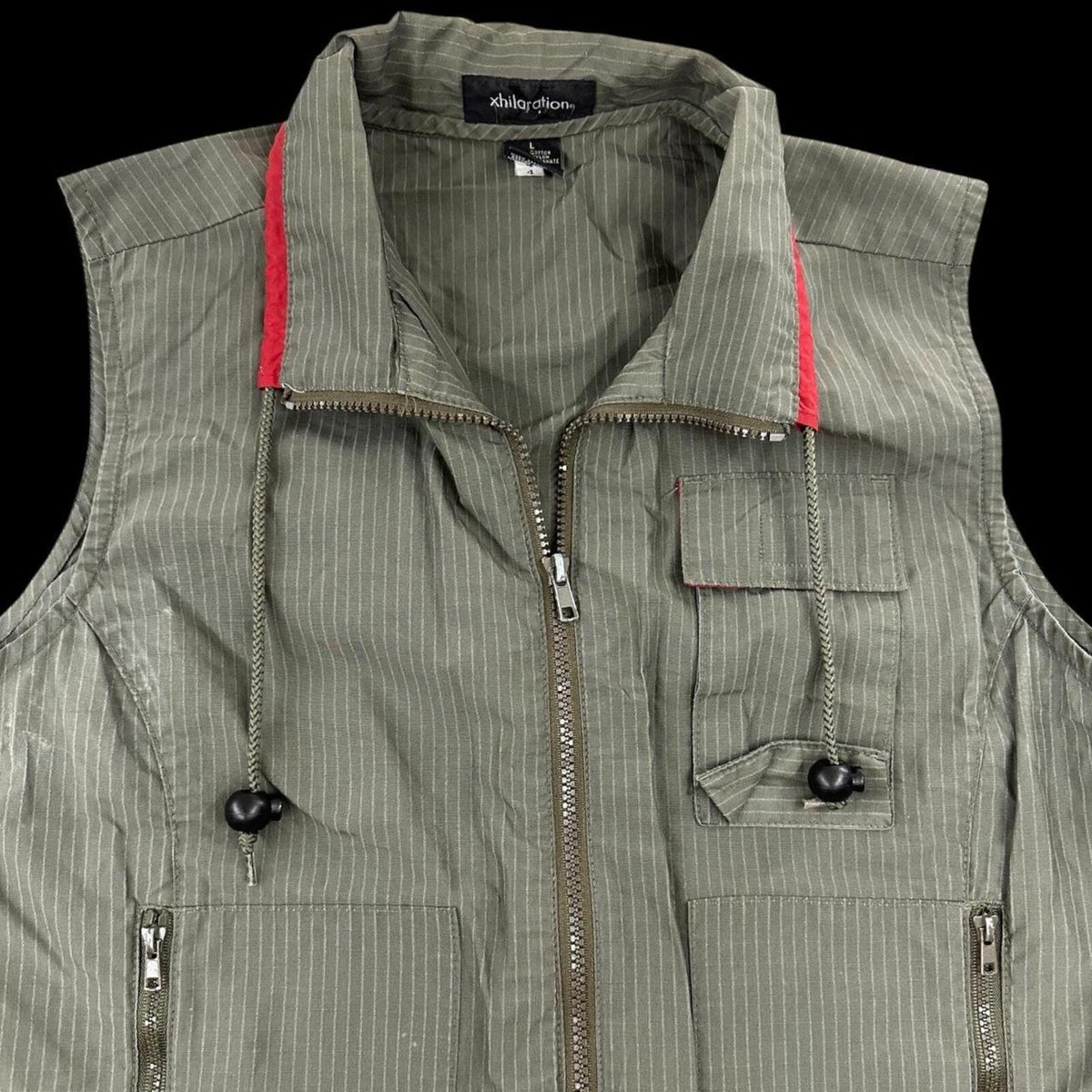 Xhilaration Utility Vest Olive Green Pinstripe Red Trim Y2K Gorpcore