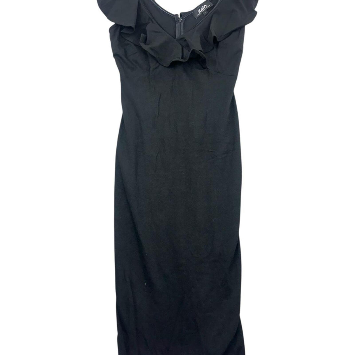 Lulus Persuasion Black Bodycon Midi Dress Ruffled Straps Elegant Stretchy