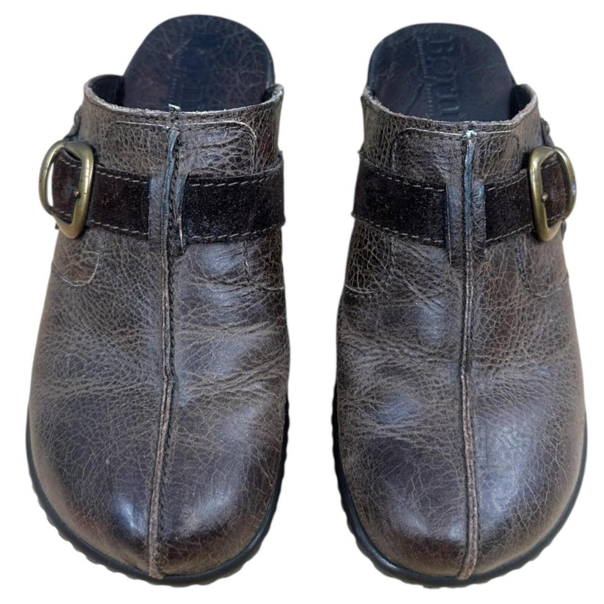 Born Brown Leather Clog Mule Slides with Adjustable Buckle