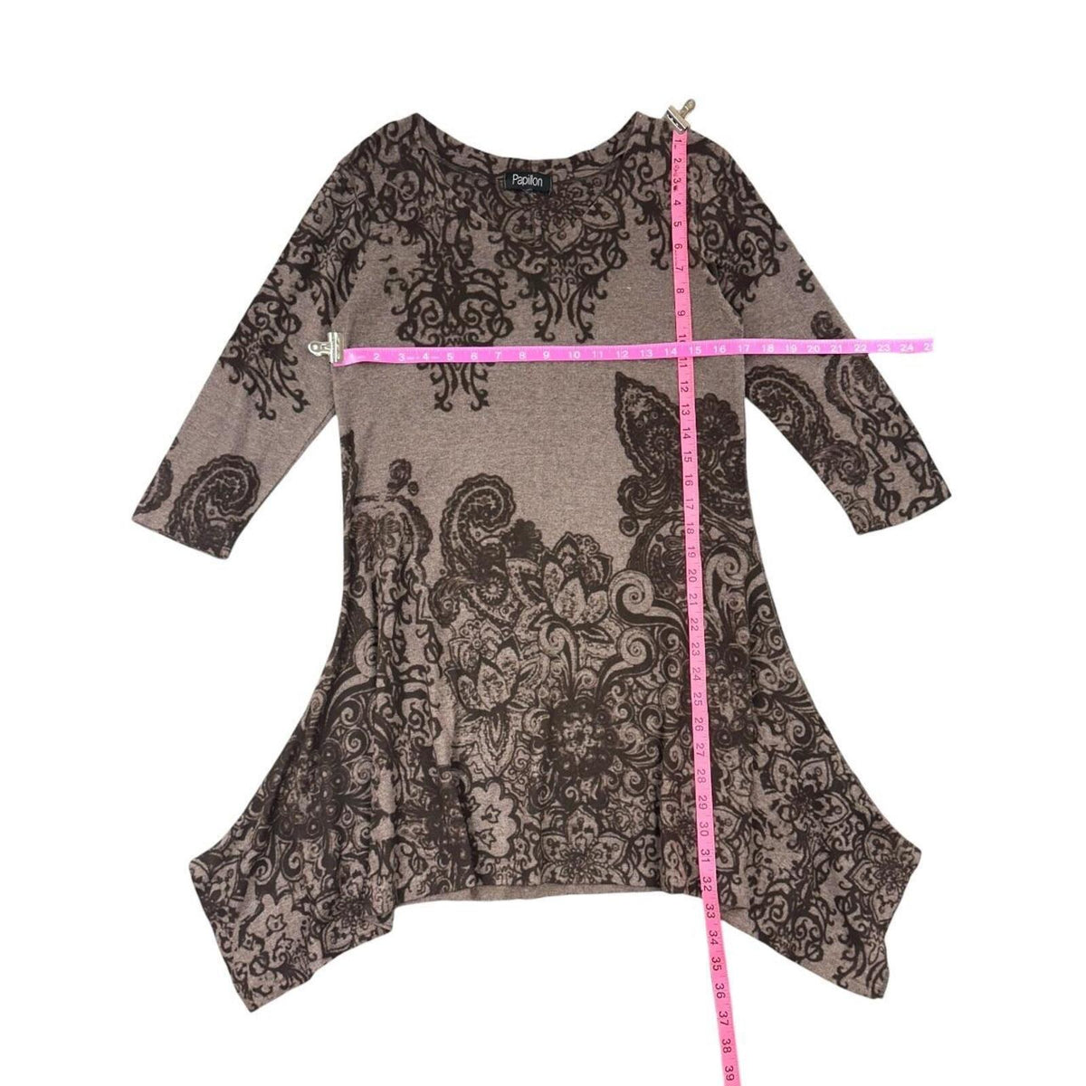 Papillon Brown Paisley Boho Tunic Dress with Asymmetrical Sharkbite Hem