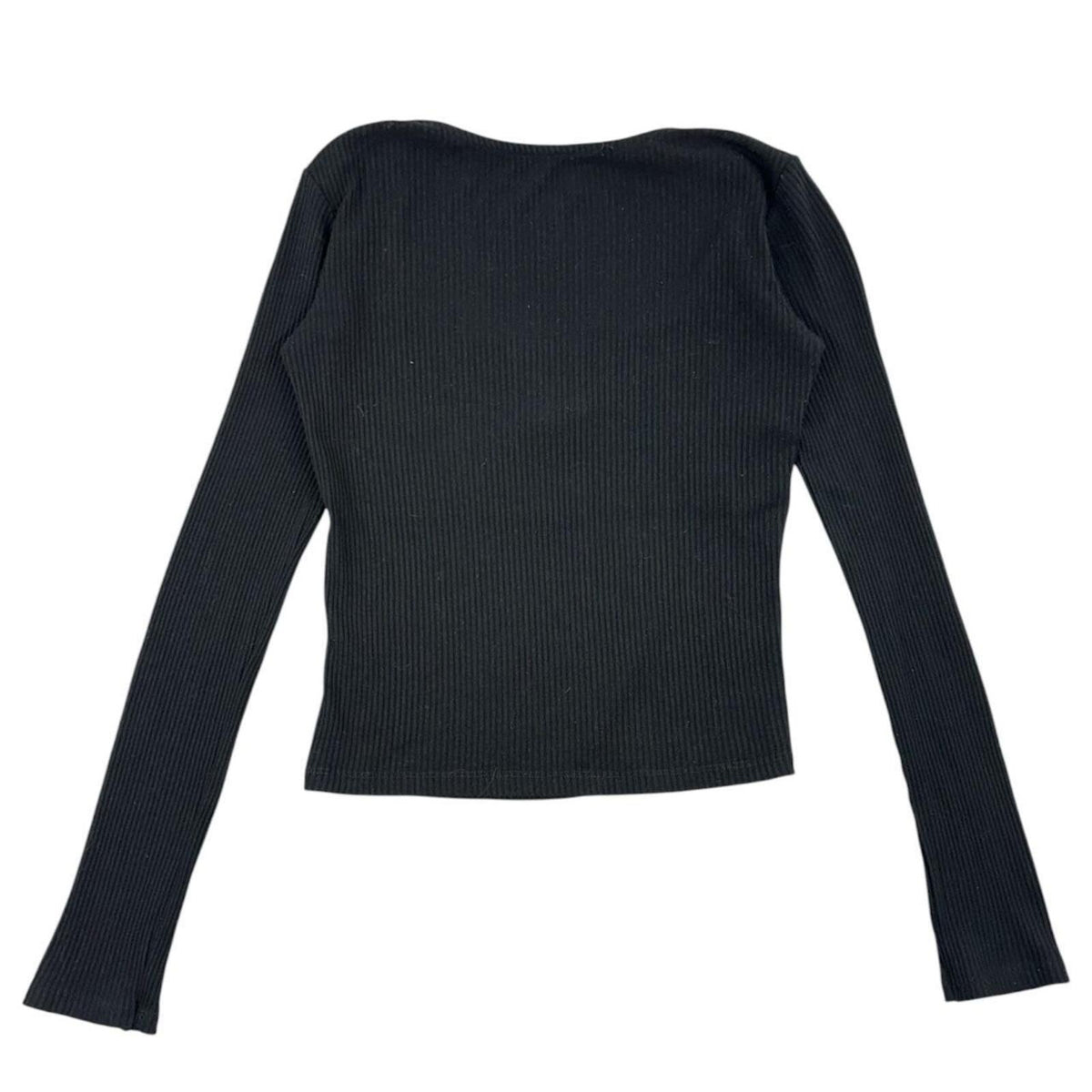 Black Ribbed Long Sleeve Top with Notch Neckline Y2K Minimalist Preppy