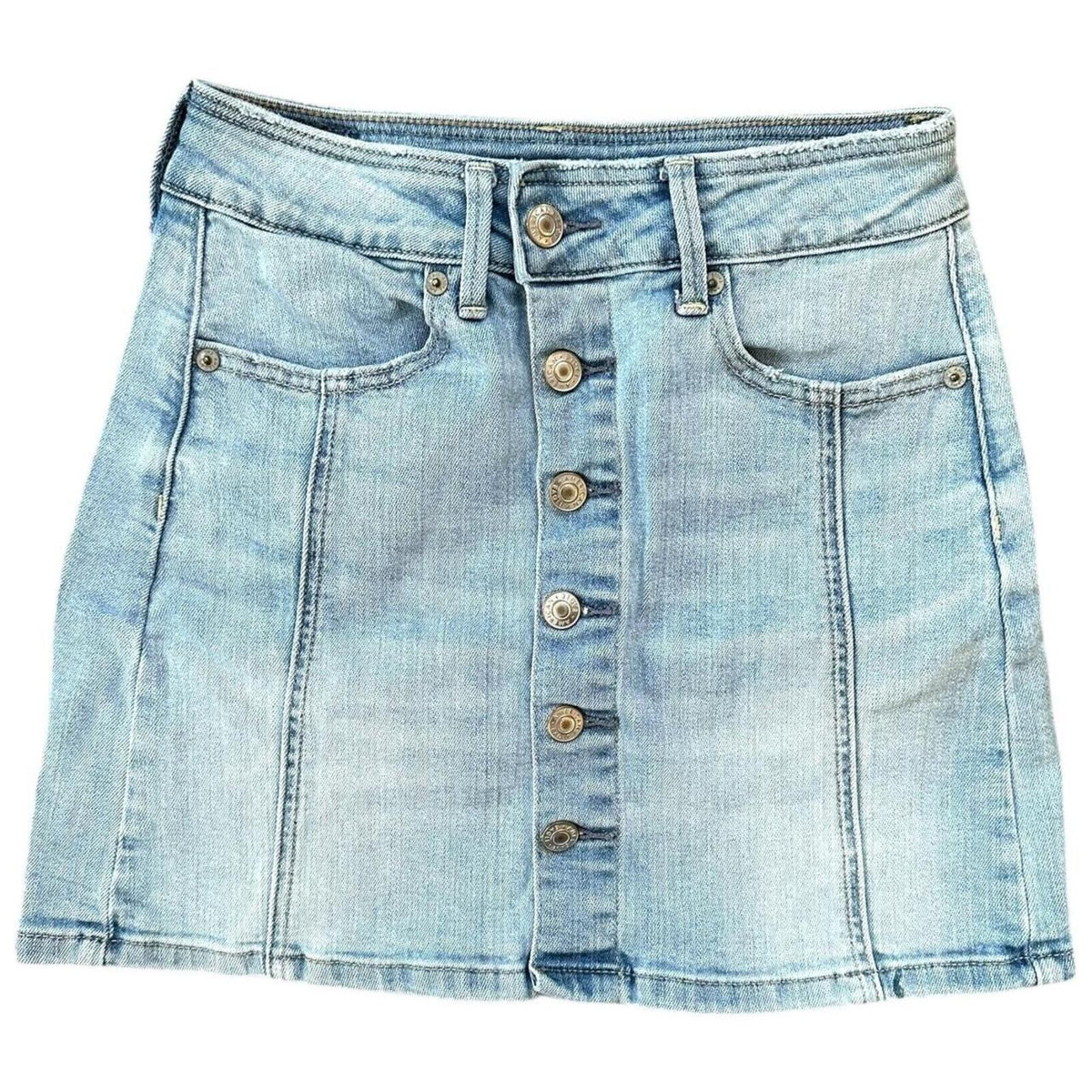 American Eagle Light Wash Denim Skirt Y2K Skater Preppy Style with Button Front