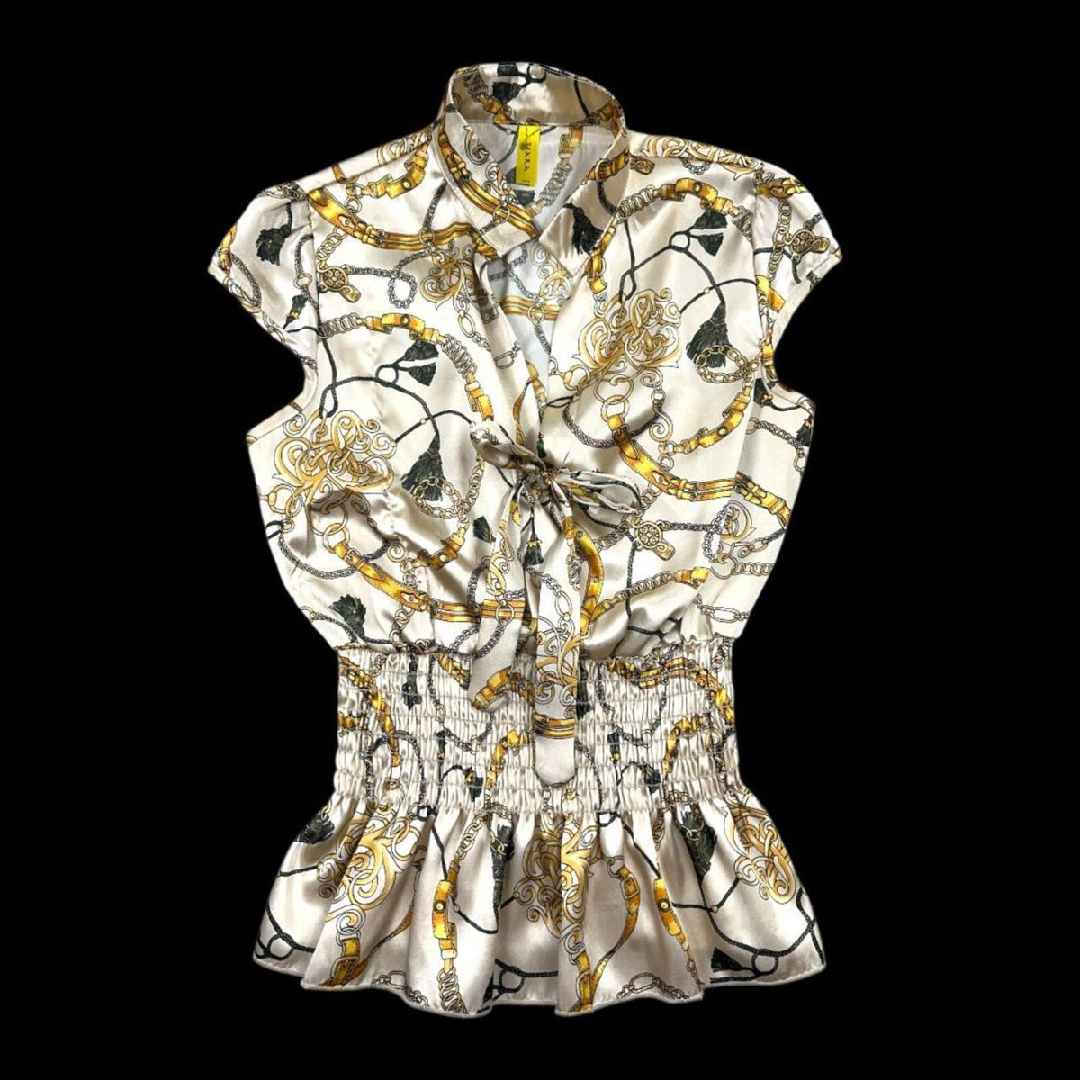 Tiara Chain Print Sleeveless Blouse White Gold Tie Front Smock