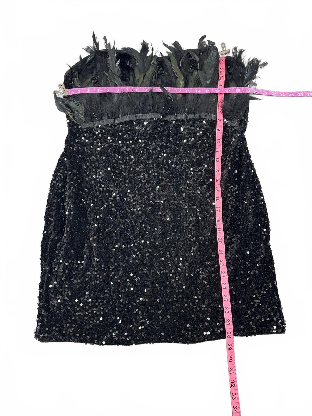 Glam Black Strapless Sequin Dress with Feather Trim NWOT