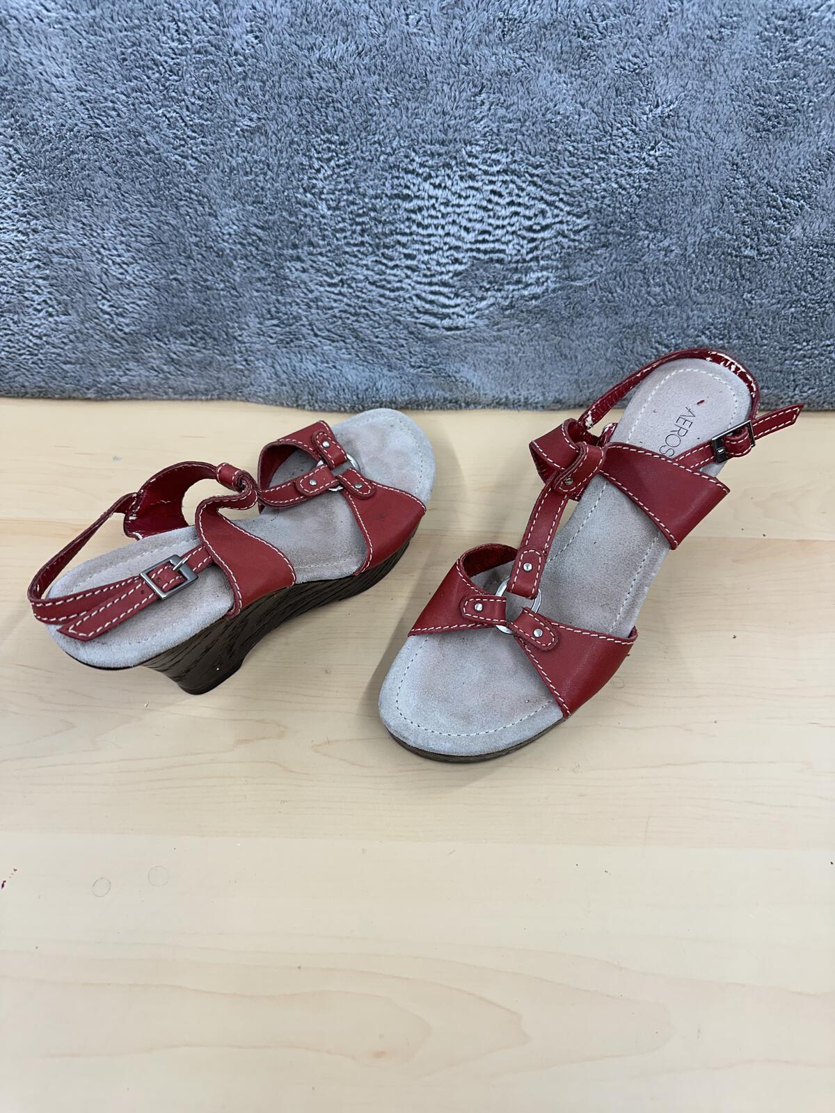 Aerosoles Red Leather Wedge Sandals Vintage Inspired Summer Footwear
