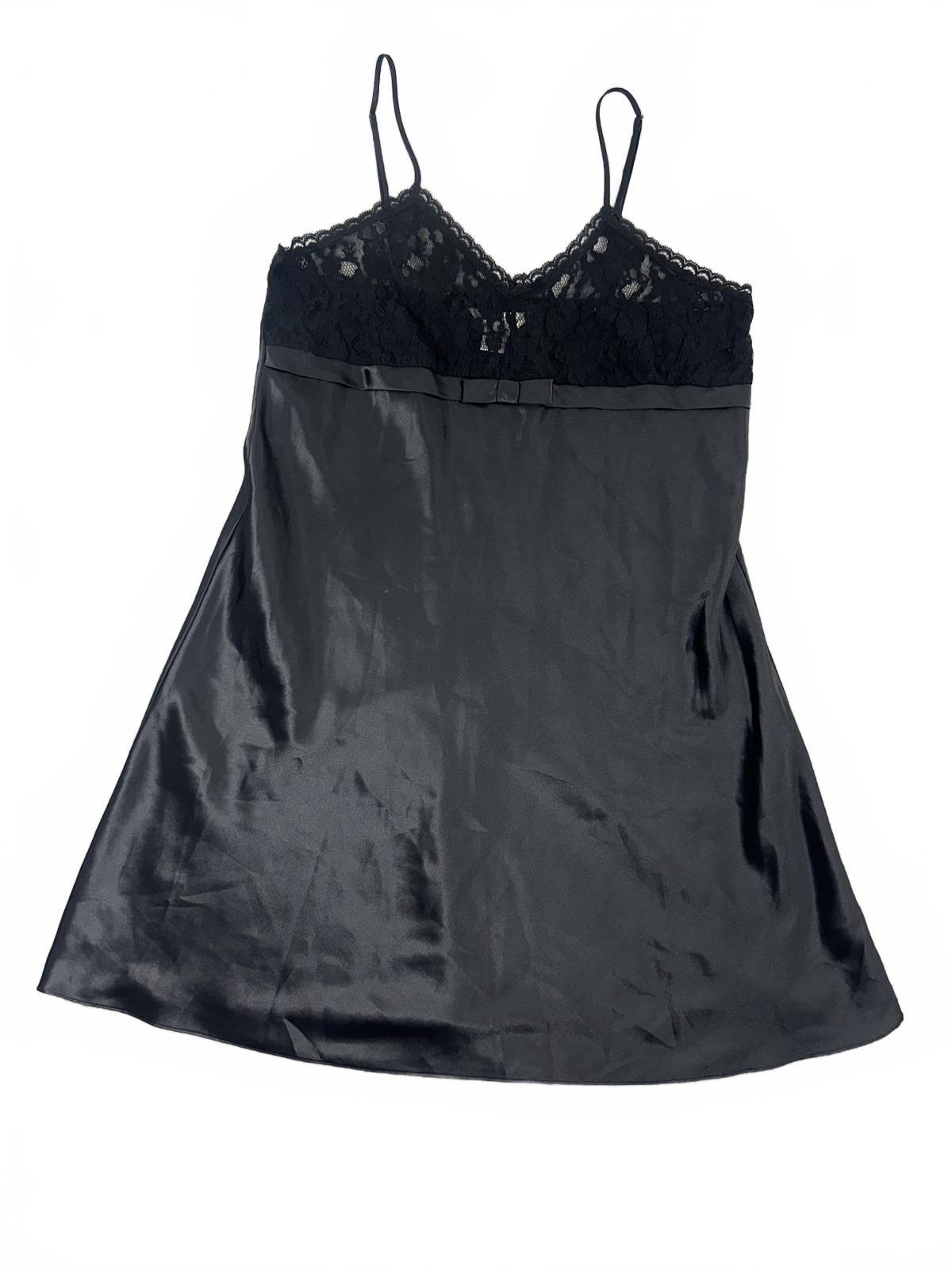 Bali Studio Collection Black Satin Slip Dress with Lace Bodice and Bow Detail