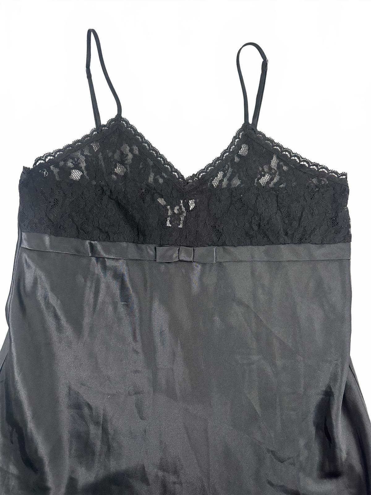 Bali Studio Collection Black Satin Slip Dress with Lace Bodice and Bow Detail