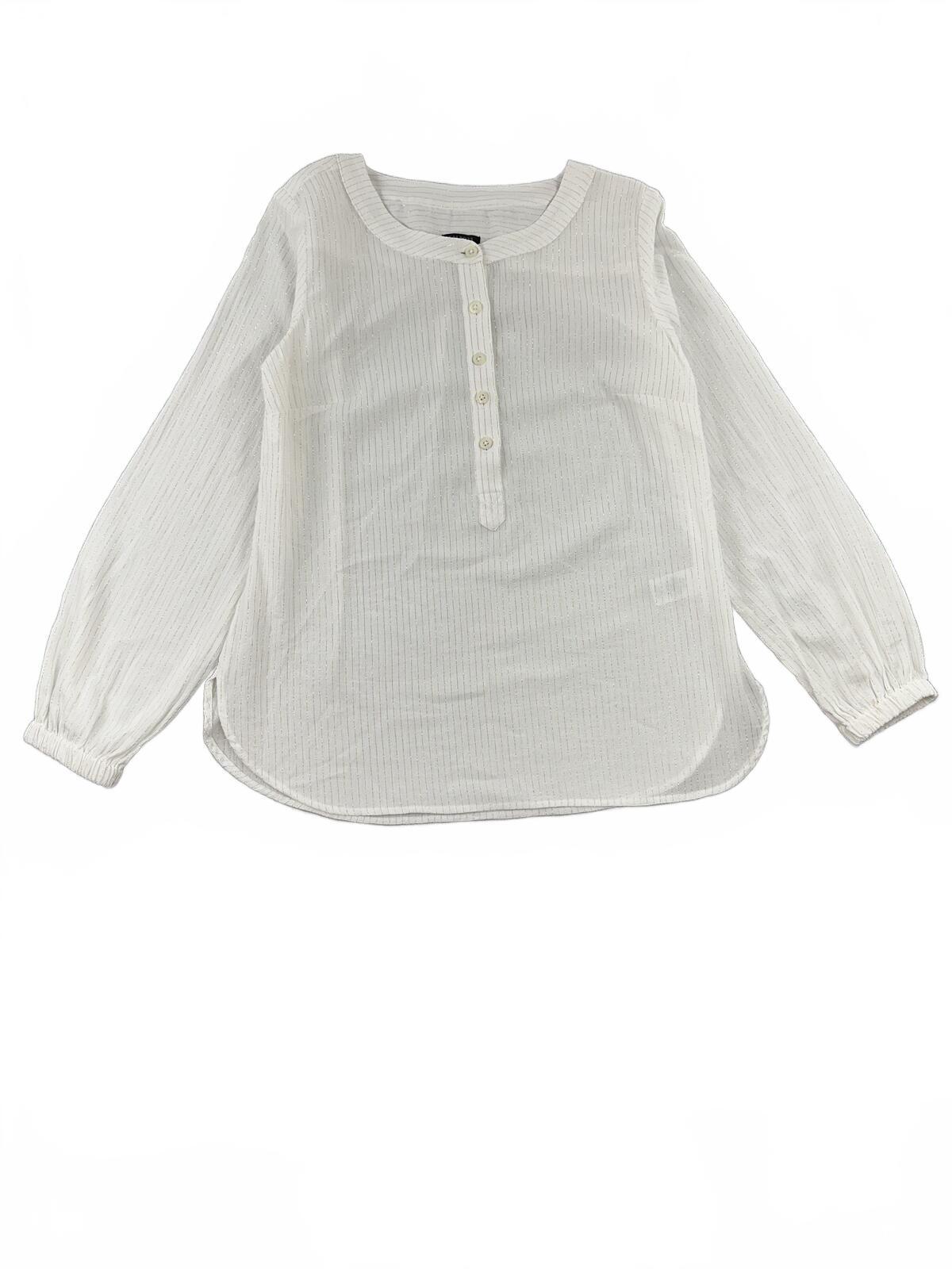 Talbots Petite White Blouse with Gold Stripes Lightweight Button Up Long Sleeve