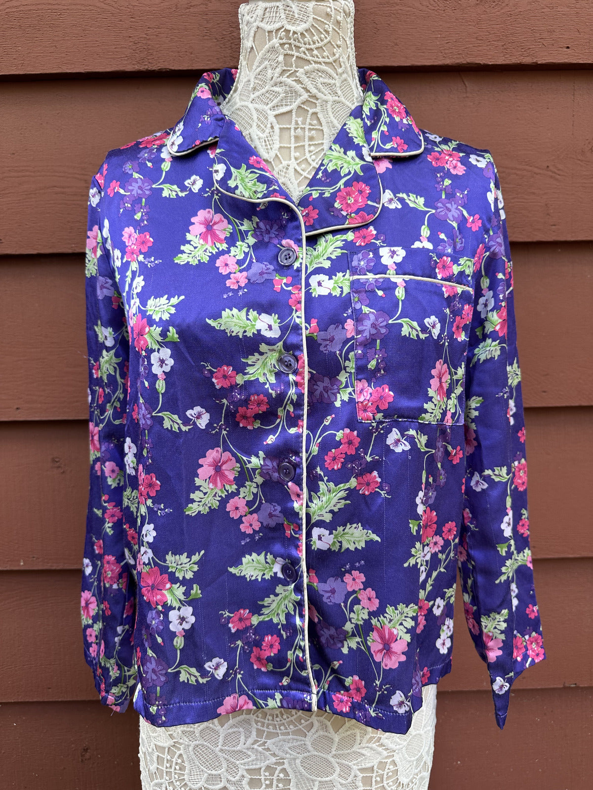 Anthony Richards Vintage Satin Floral Pajama Top Purple Pink